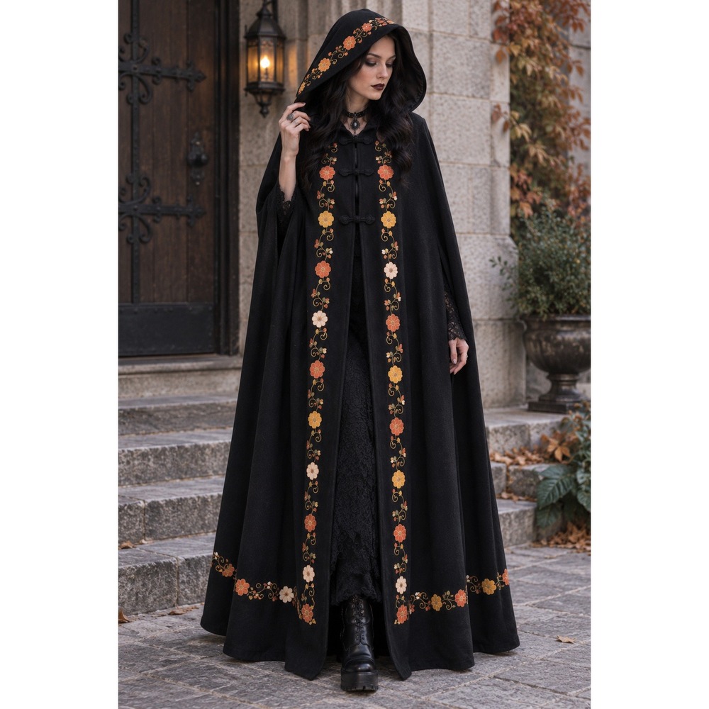 VTG Embroidered Cape Black Orange Hooded Floral Colorful Toggle Buttons Lined
